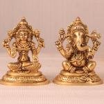 Brass Superfine Ganesha and Lakshmi Idol Pair - 4" Height